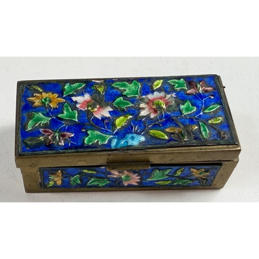 VTG Chinese Cloisonne Copper/Brass Enamel Floral Hinged Trinket Jewelry Box READ
